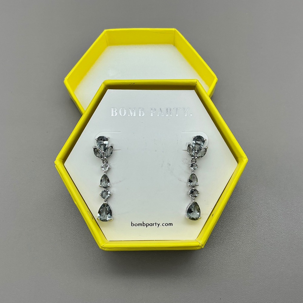 Bomb Party Elevated Love Rhodium Plated Smokey Spinel Drop Earrings 1.5 Inch